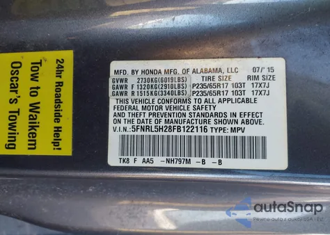 2015 Honda Odyssey Lx z USA, uszkodzony, nr VIN 5FNRL5H28FB122116